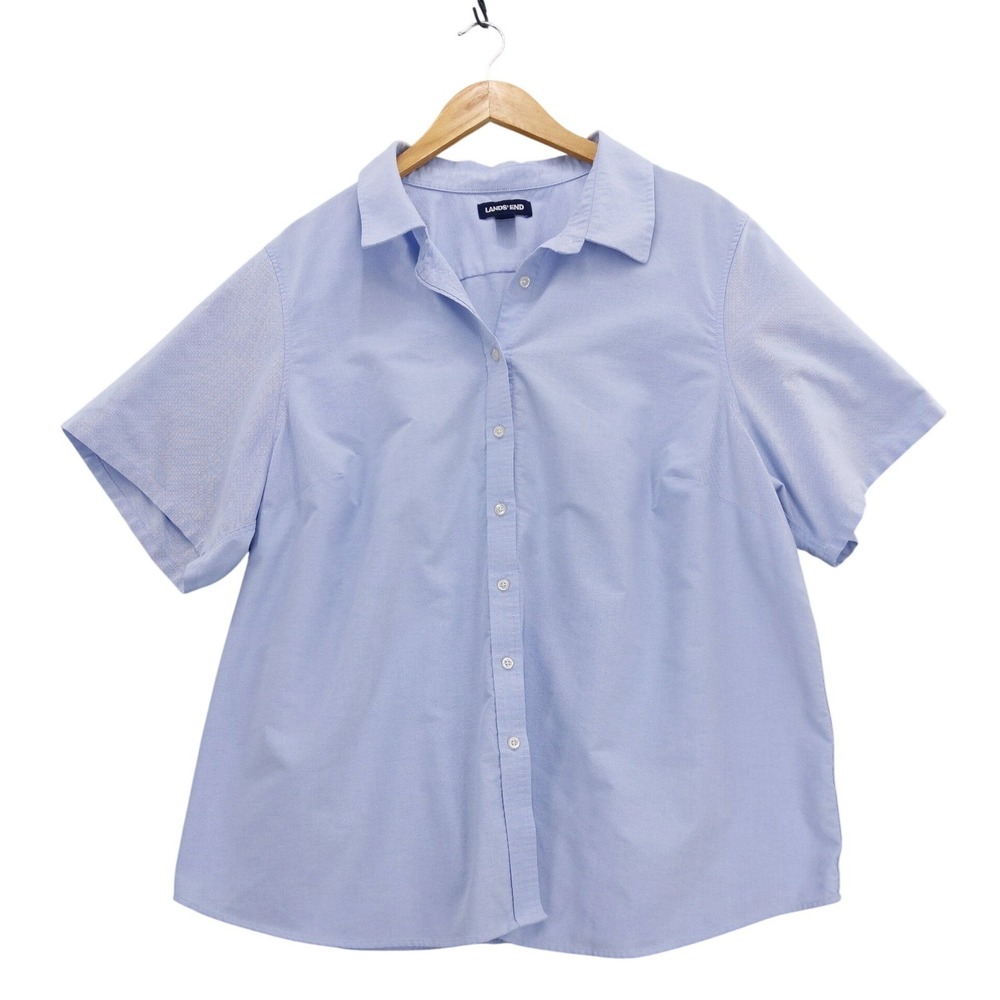 Lands' End Button Down Shirt Women 3X Blue Short Sleeve Oxford Cotton Blend